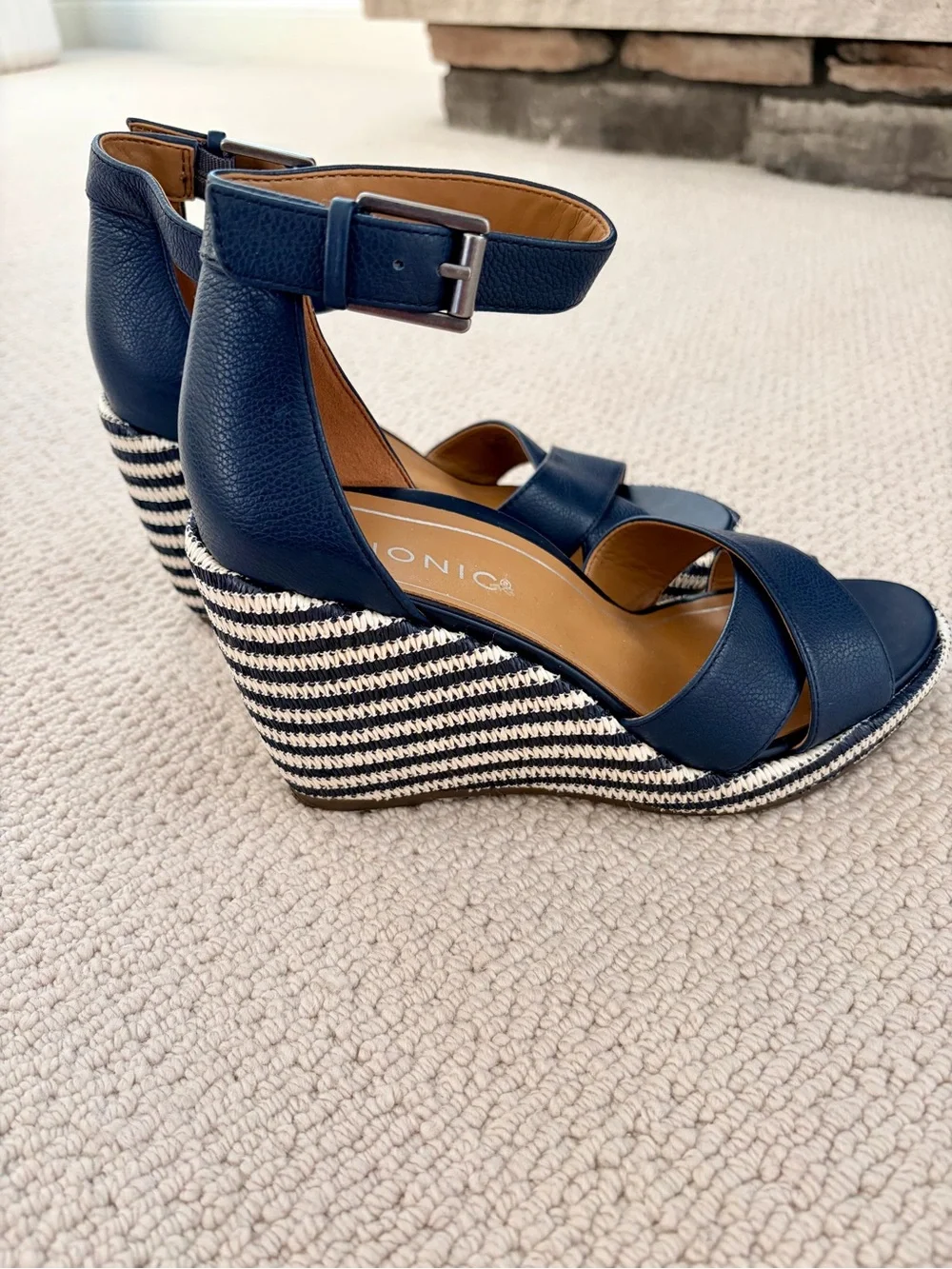 Vionic Navy Leather Ankle-Strap Wedge Sandals Size 6 NWOT